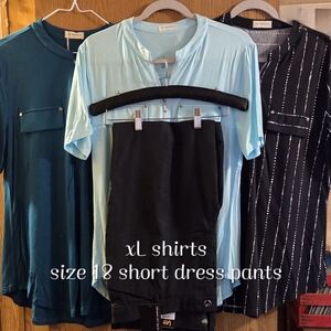 4 Piece Set Blue And Paterrn Short Sleeve Tunic Top With Dress Pants